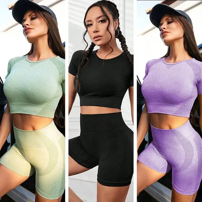 Women Seamless Workout Set 2 Piece High Waisted Yoga Outfits Short Sleeve Crop Top with Running Shorts Gym Activewear